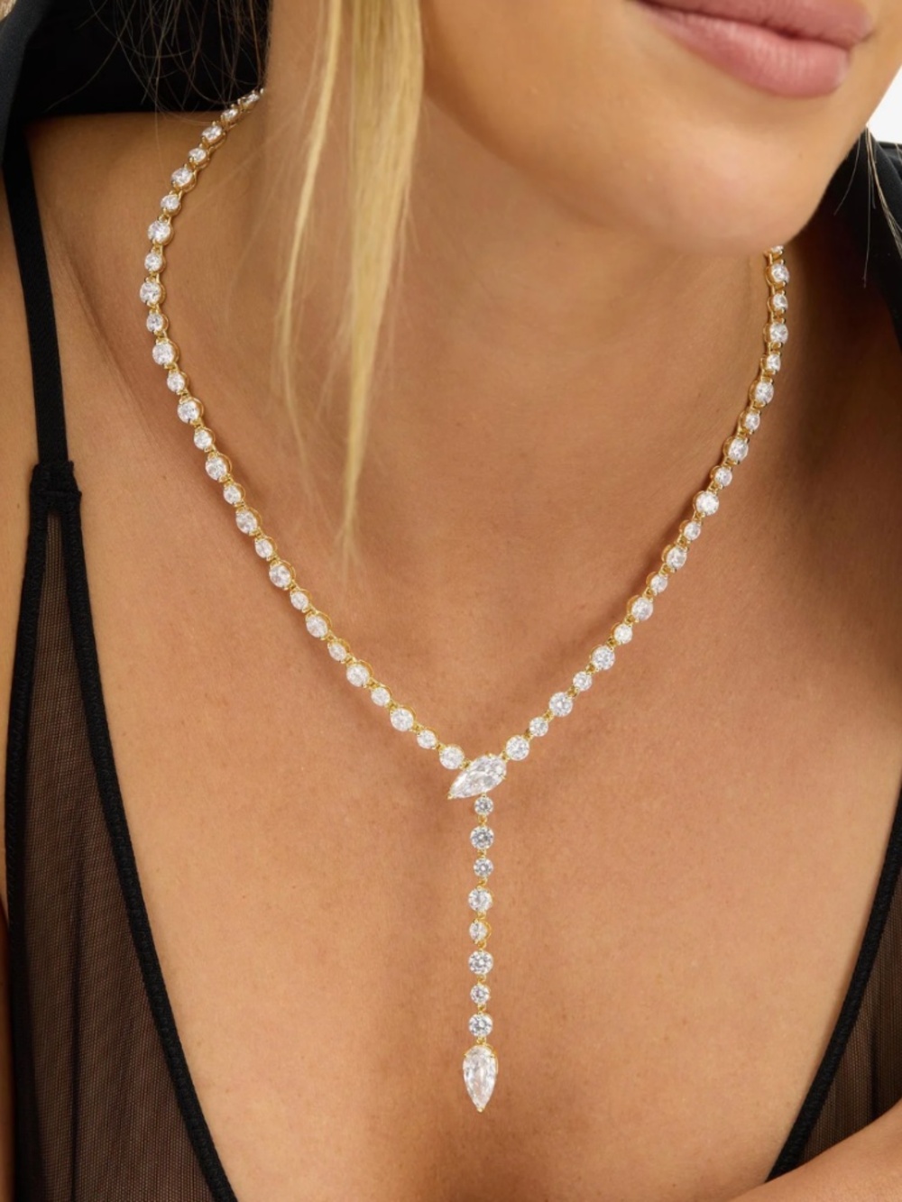 Melinda Marie Gold Lariat Tennis Necklace